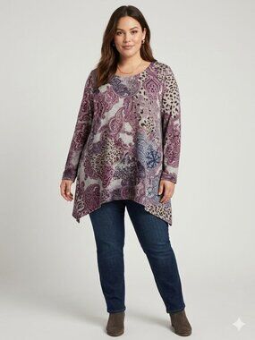 NWT Plus Size 3X Dressbarn Blush Paisley & Leopard Print Tunic Top Button Detai